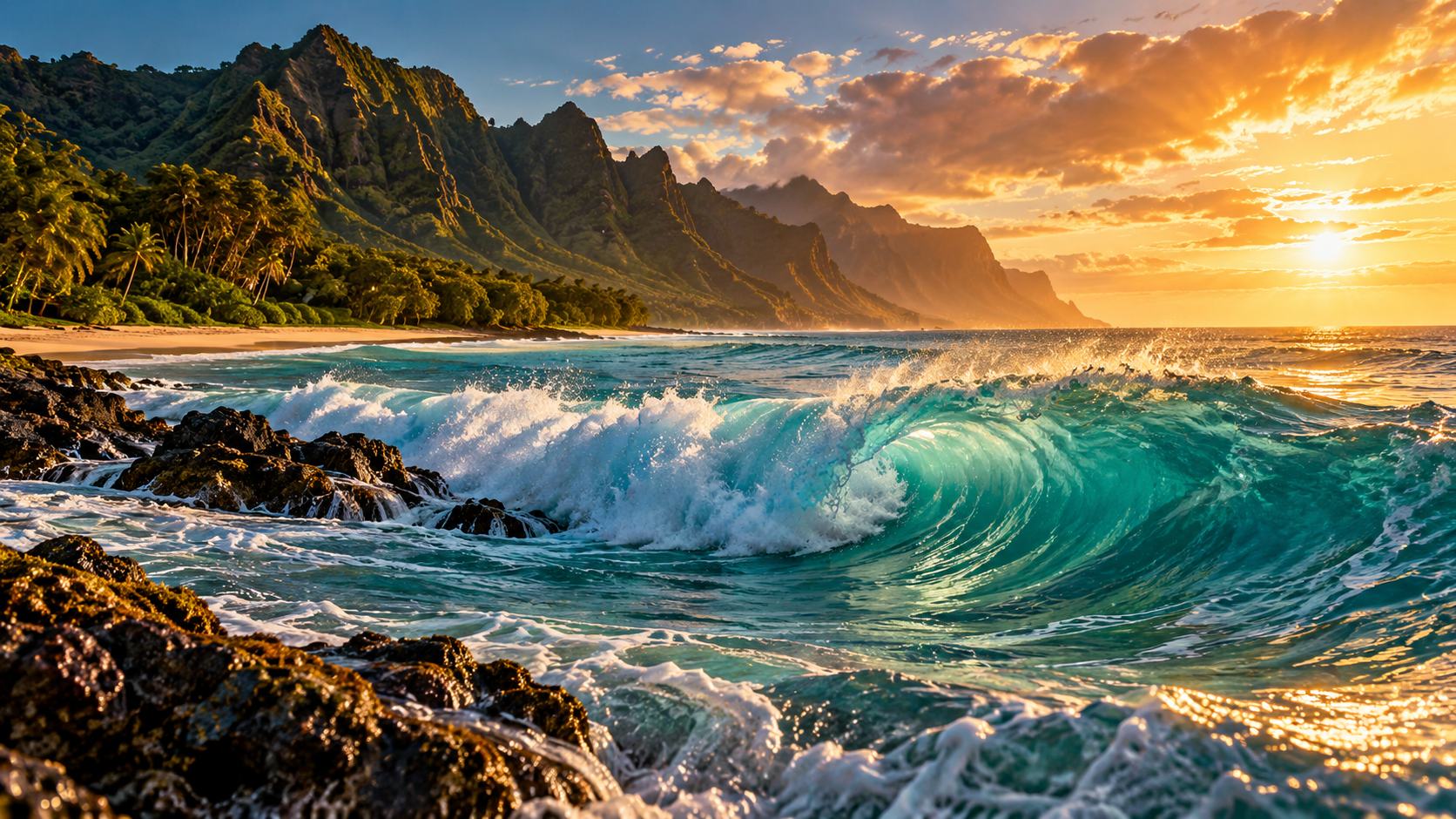 AI-generated tropical coast at sunset